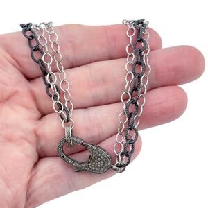 Vintage Sterling Silver 925 Pave Diamond Lock Multi Chain Necklace 18.5"-21.5"